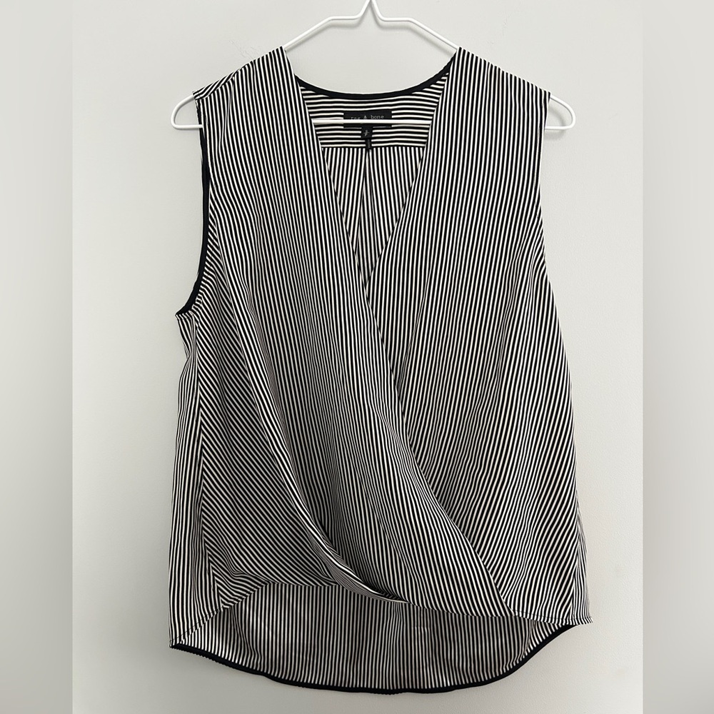 Rag & Bone Victor Stripe 100% Silk Sleeveless Blouse Black & White